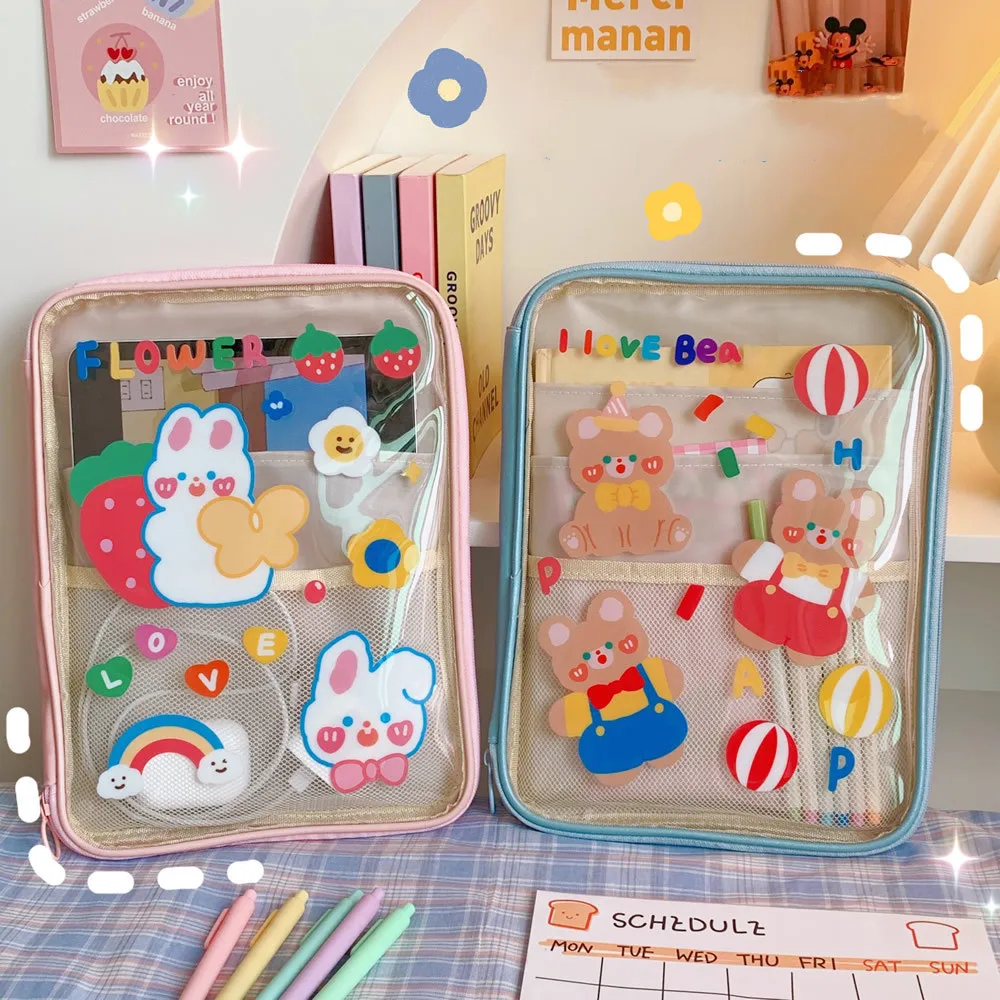 

Cute Rabbit Transparent 11inch Ipad Storage Bag Multifunction Waterproof A4 Notebook Storage Desktop Organizer School Stationery