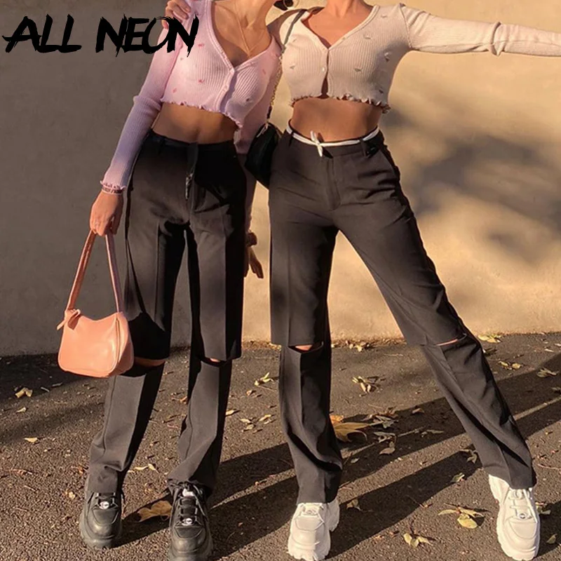 

ALLNeon Indie Streetwear Vintage High Waist Ripped Pants 90s Aesthetics Y2K Holes Full Length Black Trousers Egirl Bottoms Loose