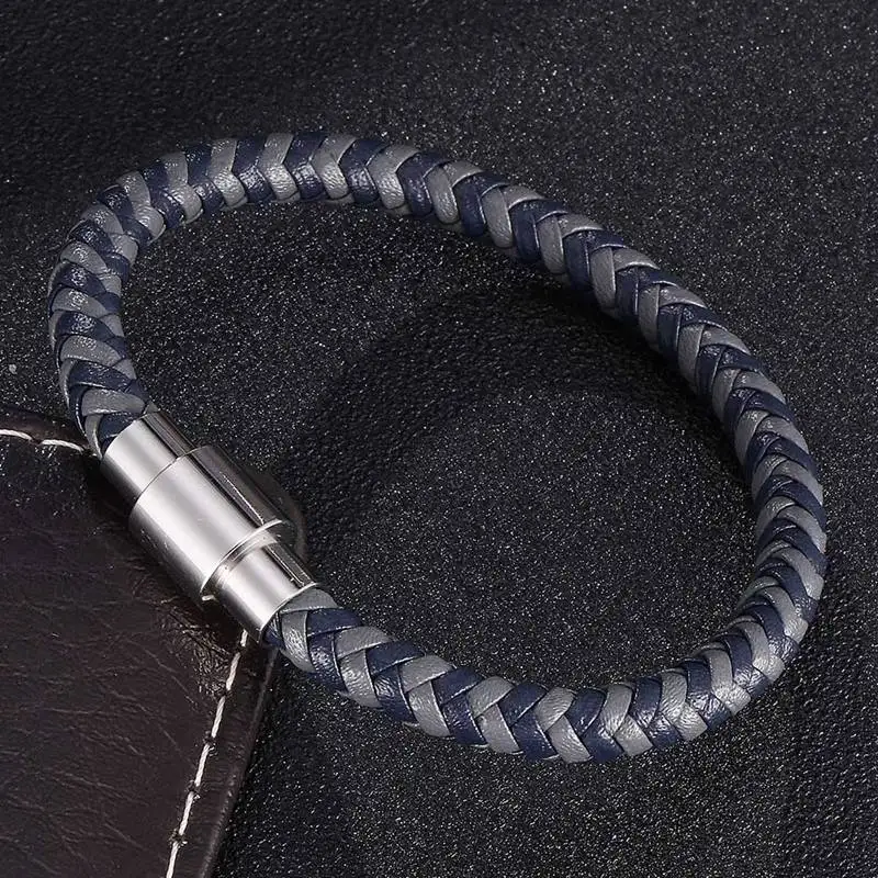 Модные ювелирные изделия унисекс серый и синий плетеный кожаный браслет для
