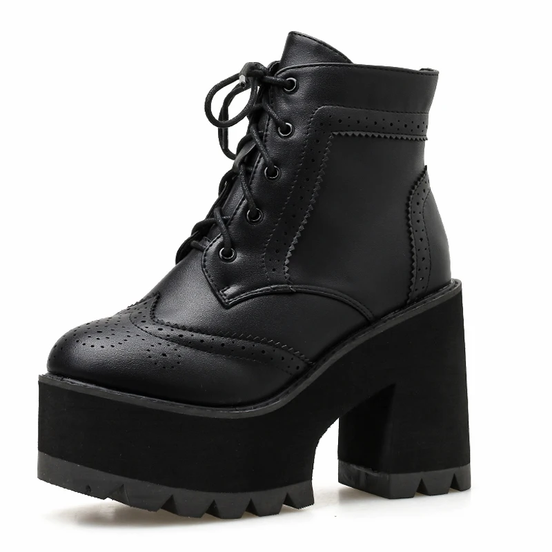 Женские ботинки в стиле панк на массивном каблуке ботильоны шнуровке новинка