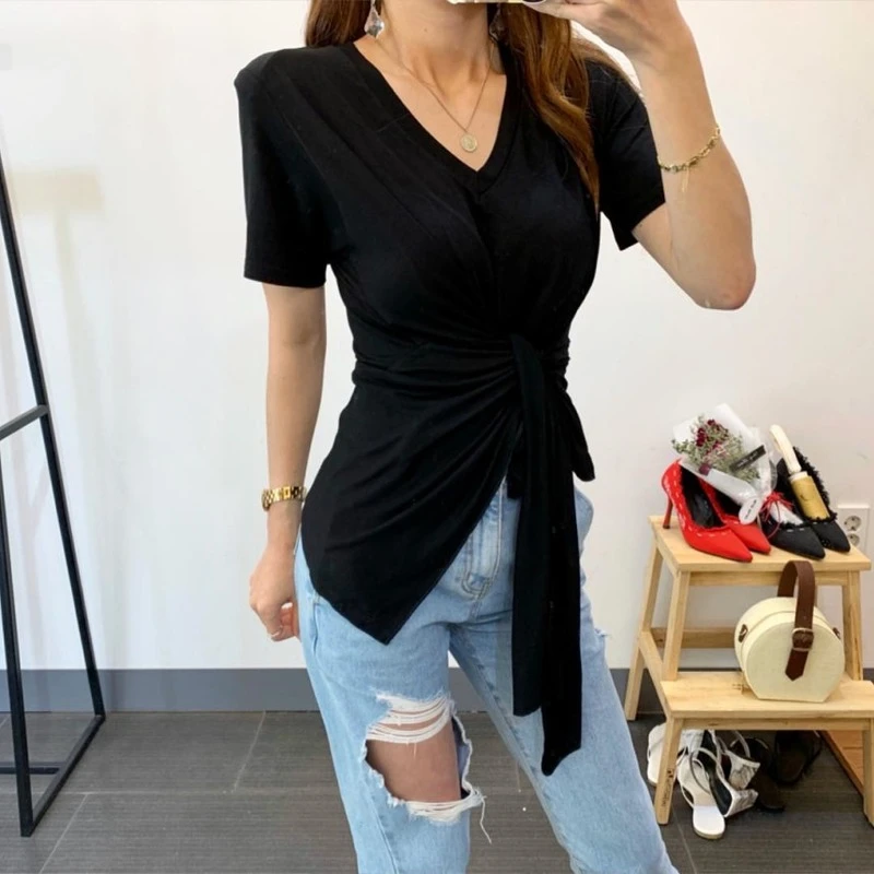 

KUSAHIKI Irregular Bandage Slim Waist Short T Shirts Summer Short Sleeve V-neck Graphic Tees Women Elegant Slim Tops Shirt 6G714