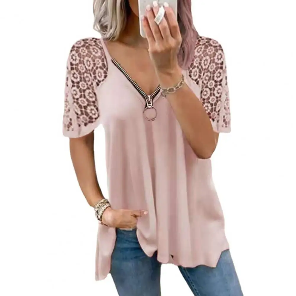 

Summer T shirt Women Solid Color Lace Stitching Short Sleeve Tees Top Sexy V Neck T shirt for Women t shirt Loose femme tshirts