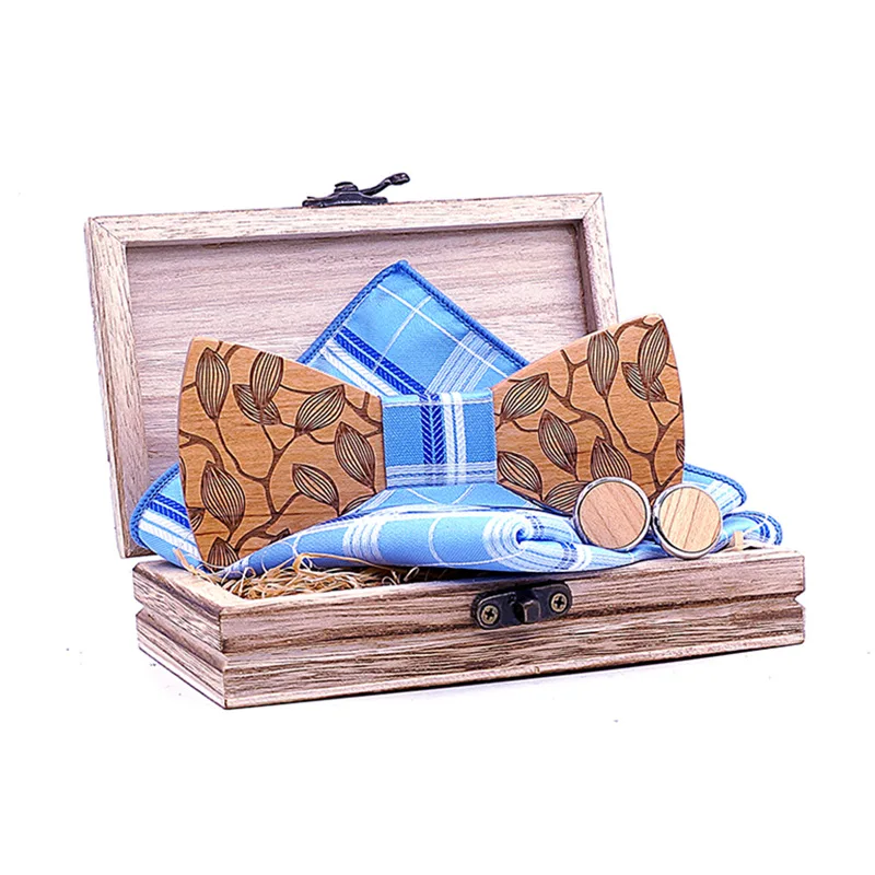 

Kaibote CTB-T220 New Fashion Men's Wooden Wedding Kerchief Bow Tie Set with Cufflinks and Wood Gift Box Office Career Ornament