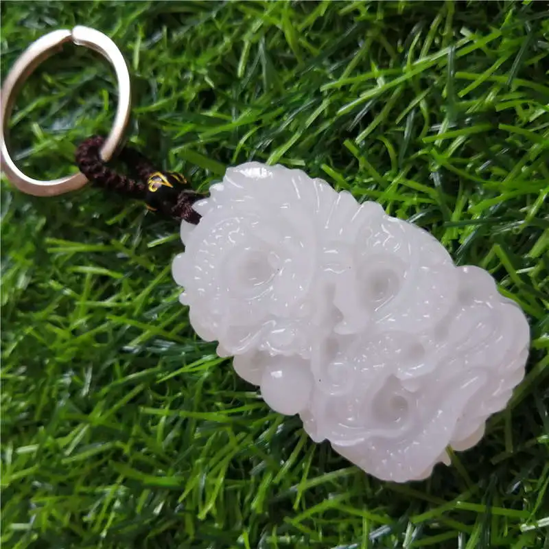 Природный белый нефрит резной дракон жемчуг брелок ожерелье модные