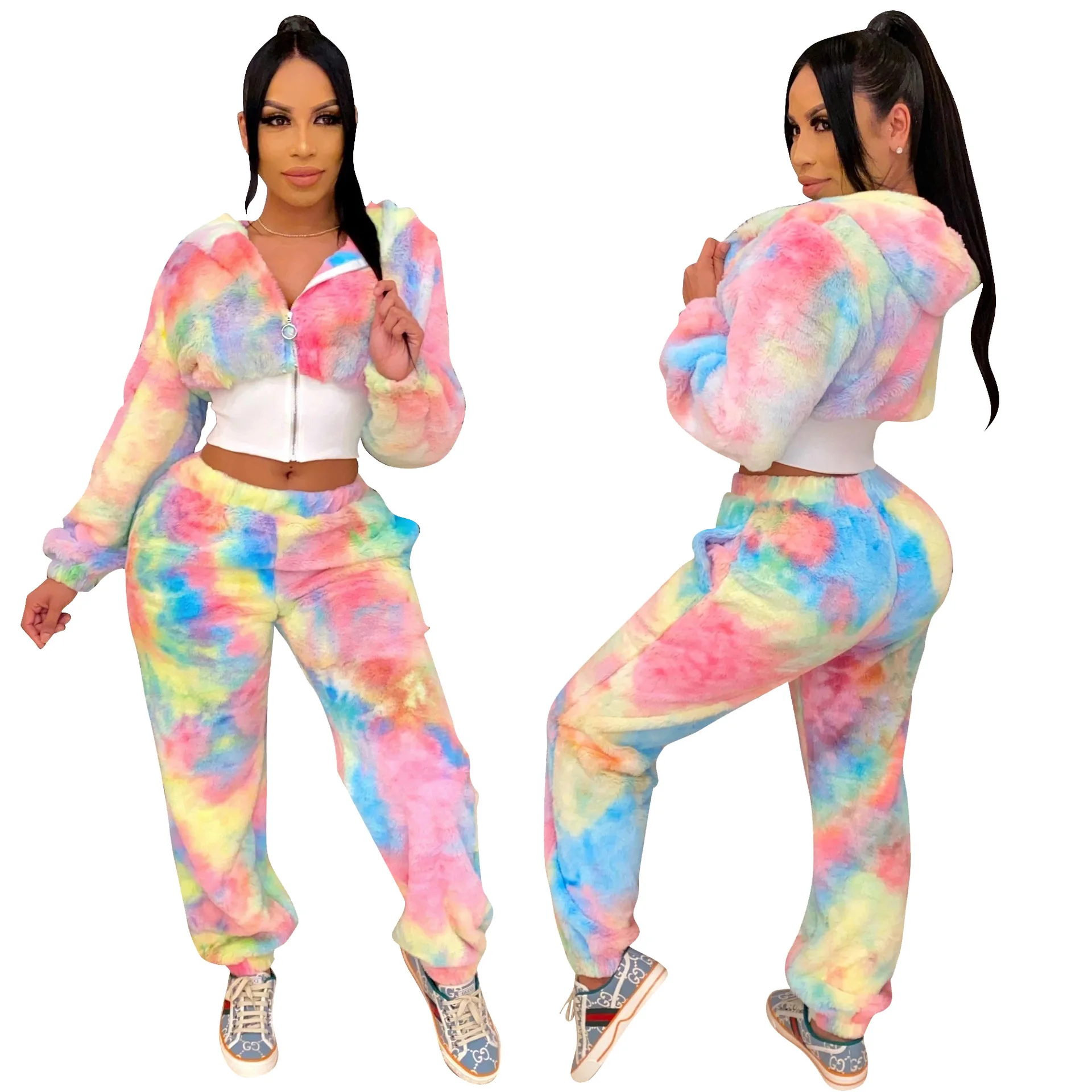

Winter Long Pants Women Casual Tracksuits Tie-dye Printing Hooded Collar Zipper Island Velvet Short Tops High Waist Pants Sets