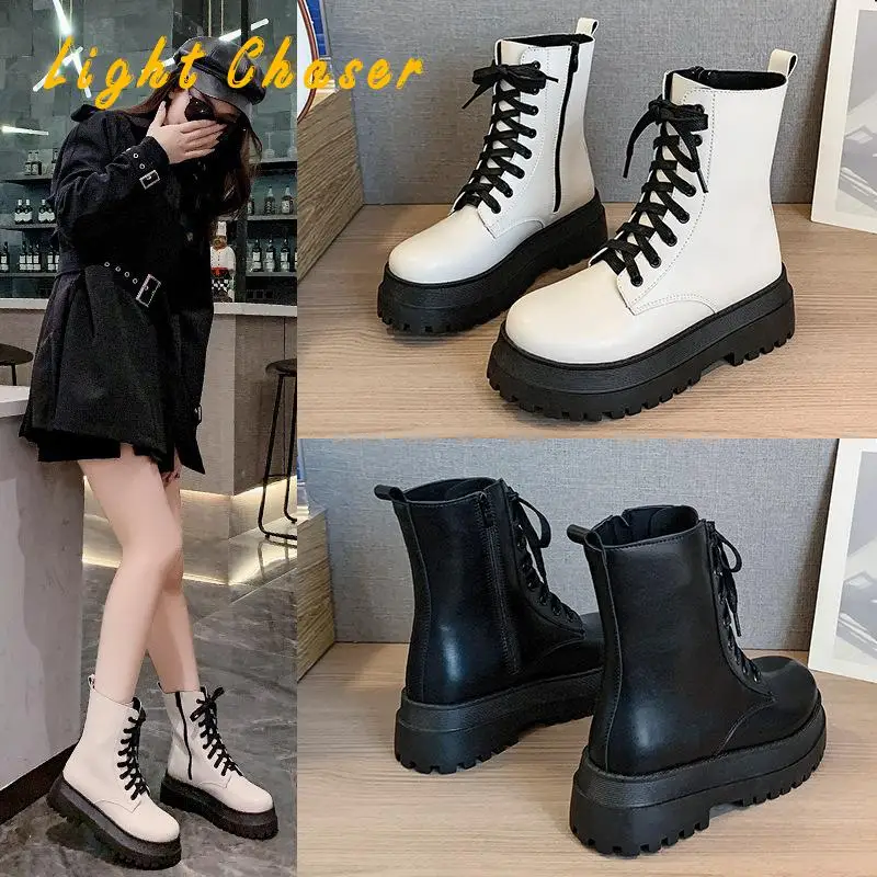 Women's Boots Winter 2021 Thick-soled Round Toe Mid-heel Side Zipper Fashion Boots Lace-up Short Boots Women Motorcycle Boots