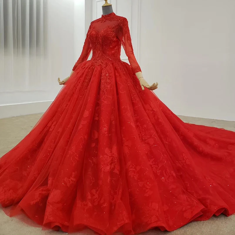 BGW 2186ht Red Evening Dress Long High Neck Long Sleeves Beading Sequin Ball Gown Muslim Evening Dress Vestidos De Finalista