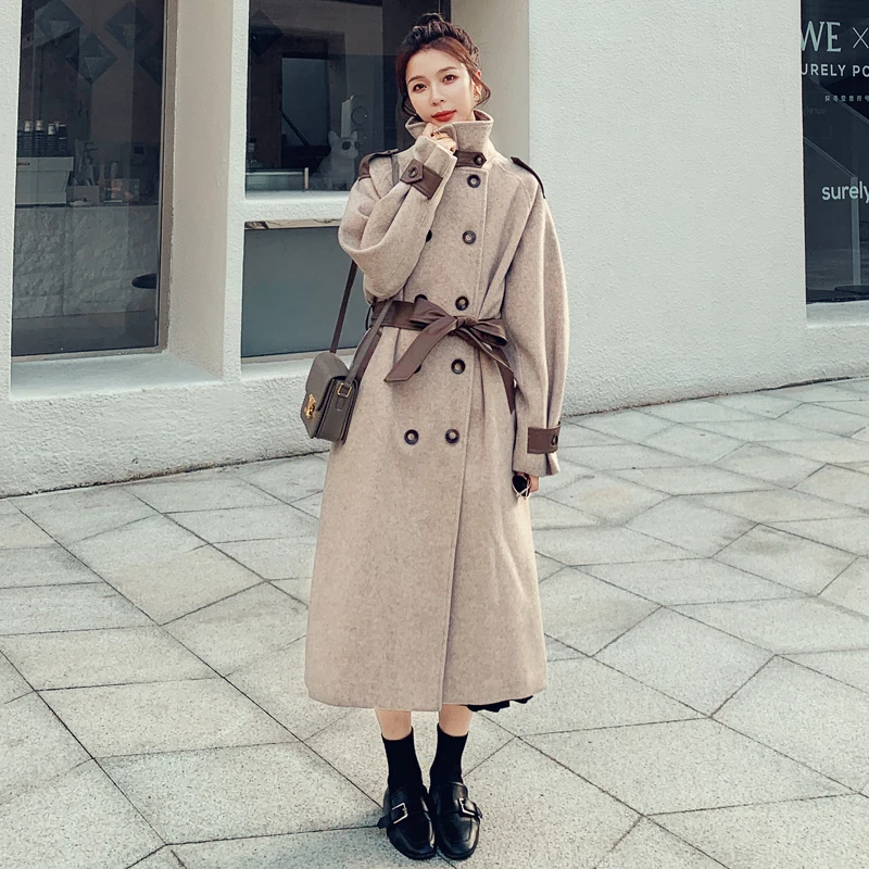 

England Style Winter Long Wool Blend Coats for Women Double-breasted Overcoat with PU Leather Belts Lady Outerwear Warm Thick