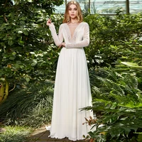 a line chiffon v neck wedding dresses 2021 long sleeve floor length sweep train backless lace bridal gown with pearls belt
