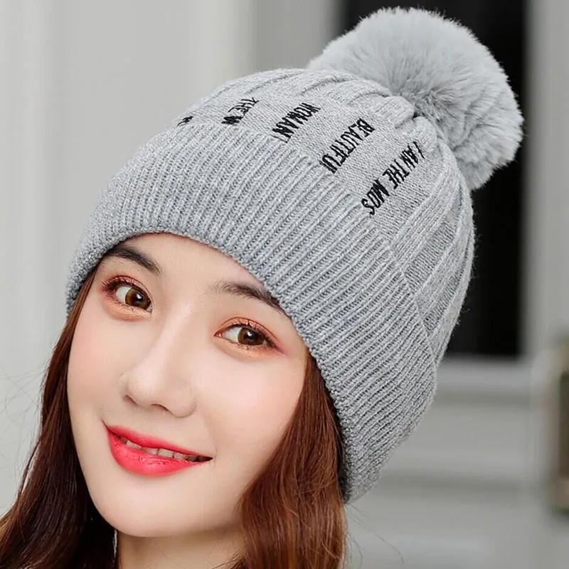 2019 Skullies Beanies зимняя женская шапка вязаная теплая с помпоном Модная брендовая плюс