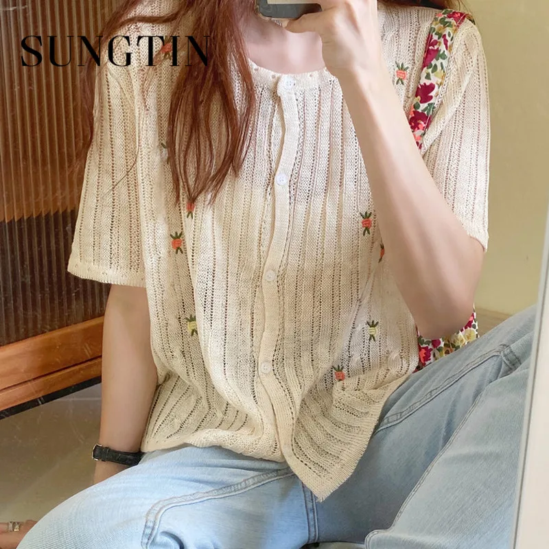 Sungtin Цветочная вышивка кардиган женский винтажный вязаный свитер Тонкий ретро 2020