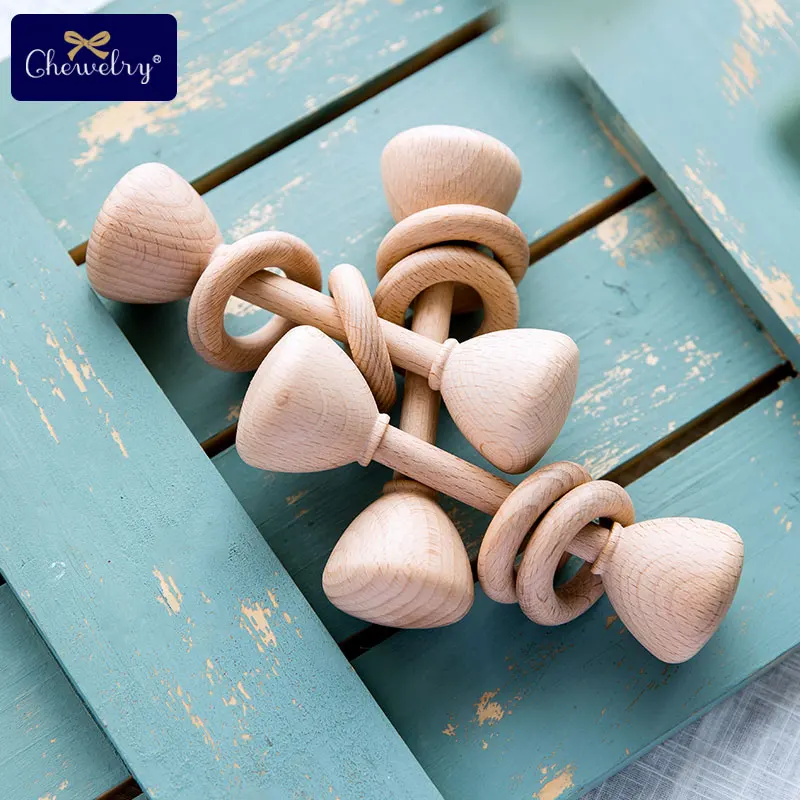 

1PC Baby Teether Toys Beech Wooden Rattle Wood Teething Rodent Ring Musical Chew Play Gym Montessori Stroller For Children Goods