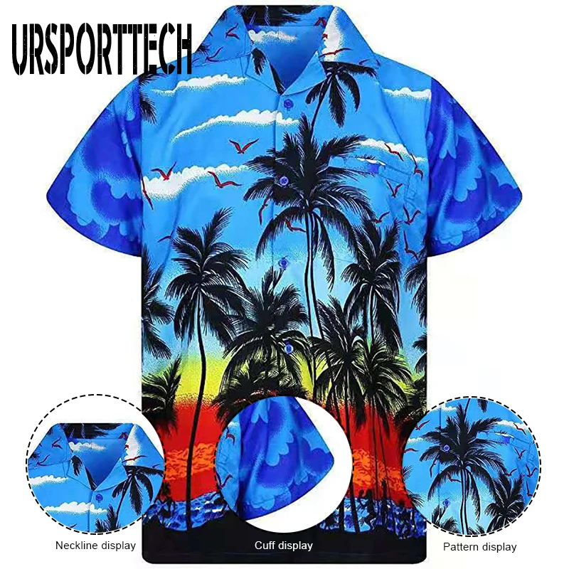 URSPORTTECH 2021 Summer Men Shirt Short Sleeve Cotton Loose Casual 3D Print Vacation Beach Tops Blouse Plus Size Shirt Men Big