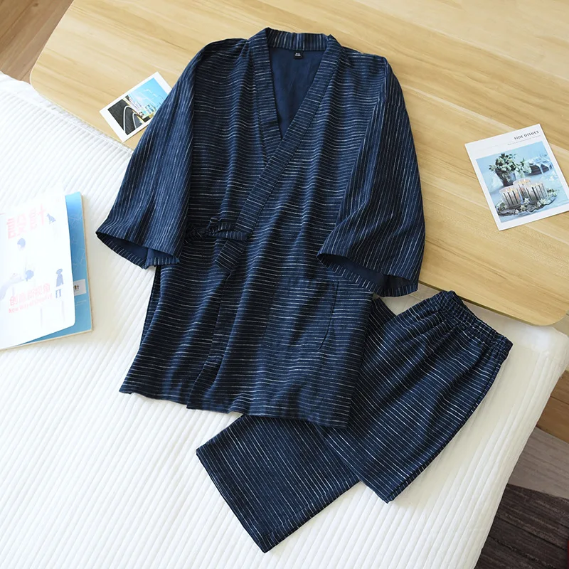 

Casual Striped black white Japanese 100% cotton kimono robes men pajamas sets simple short sleeve Bathrobes men plus size
