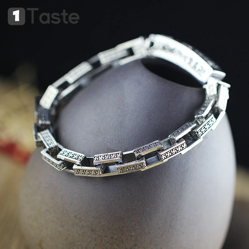 

ONE TASTE 925 Sterling Thai Silver Men's Bracelet Six-Character Mantra Bracelets Fine Jewelry Handcraft Hip-hop Punk Bracelets