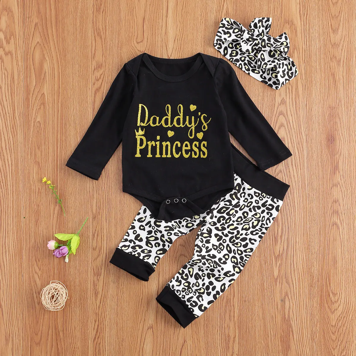 

Newborn Infant Baby Girl Long Sleeve Romper Long Pants Headband Leopard Outfits 3PCS Clothes Set 0-18M