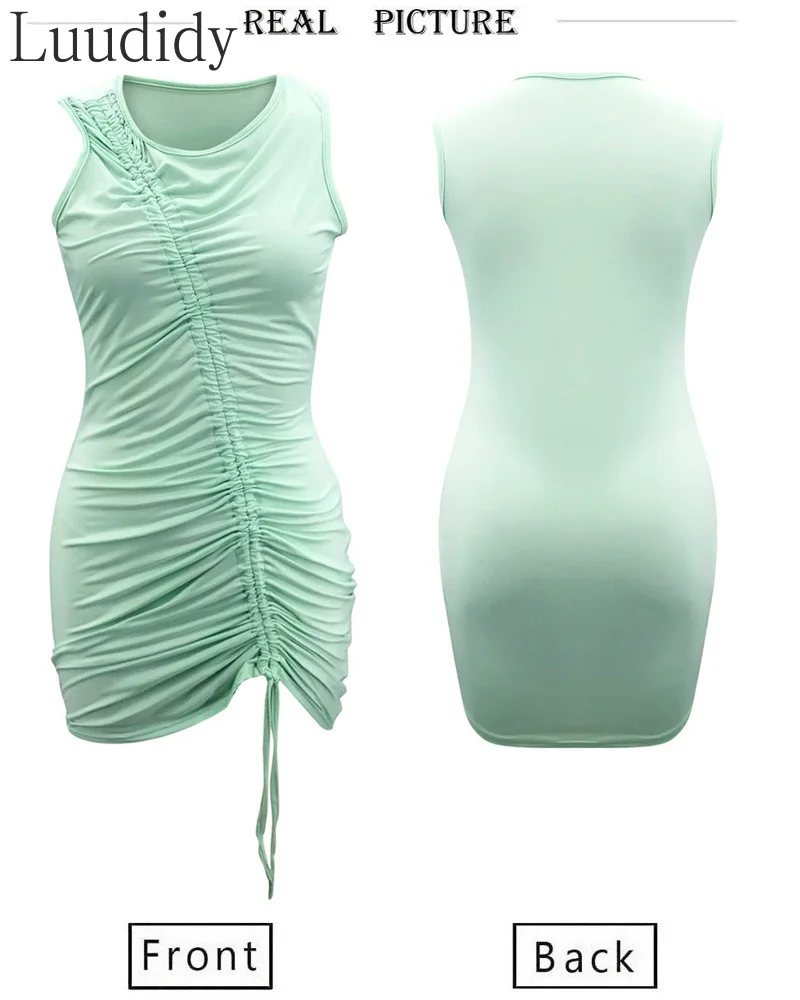 

Women Sexy Solid Color O-Neck Sleeveless Shirring Drawstring High Waist Sheath Dress Size S-XL