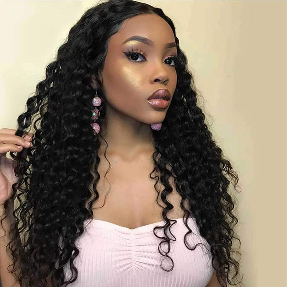 

Human Hair Bundles With Closure Deep Wave Curly Human Hair Weave 3/4 Bundles With T Lace Closure Natural Remy Hair Extension