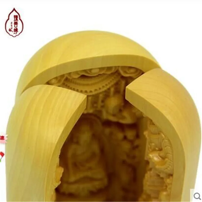 Украшенный 100% самшит резная статуя Божия богатства складная коробка лотоса Сэма