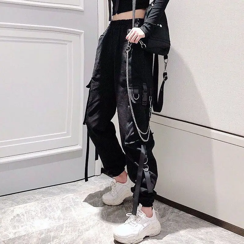 

Women's Cargo Pants Buckle Ribbon Pocket Jogger Elastic Waist High Hip Hop Streetwear Harajuku Pant Chain Females Trousers