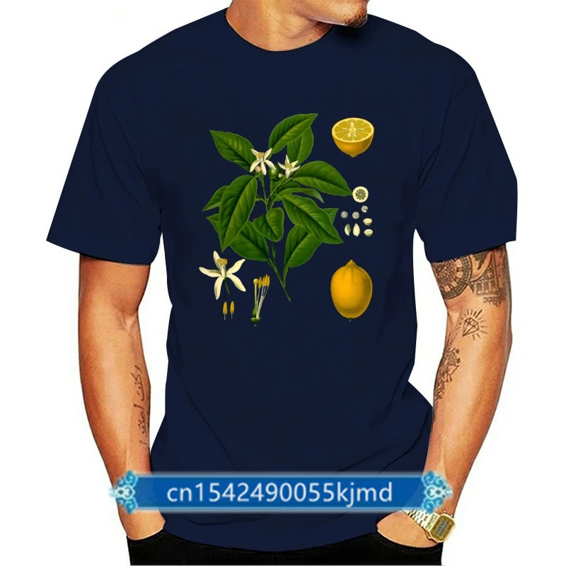 

Botanical Illustration T Shirt Man Tshirts Custom Tee-Shirt Lemon Plant Tops Brand New Print Clothes Cotton Fabric Black