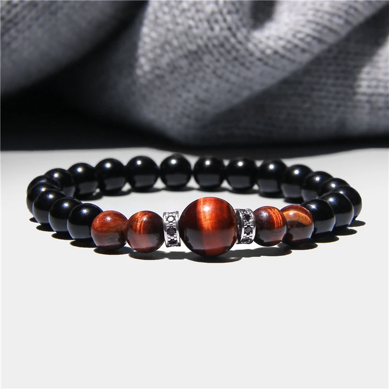 Мужской браслет с бусинами из натурального камня тигровый глаз|Плетеные