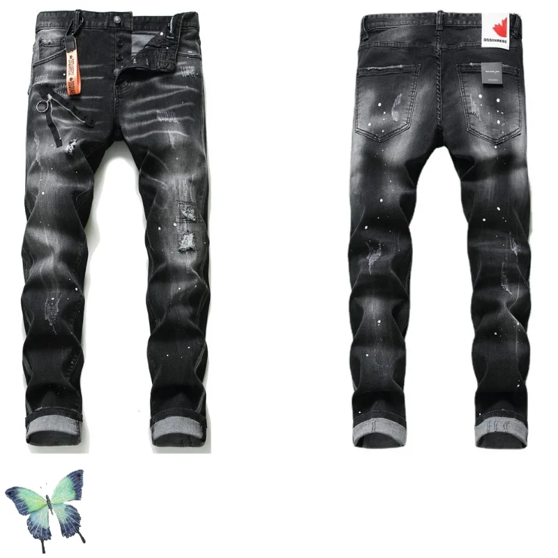 

DSQ2 Fashion Black Gray Stretch Paint Dot Decorative Button Fly Ripped Hole Patch Dsquared2 Jeans Men