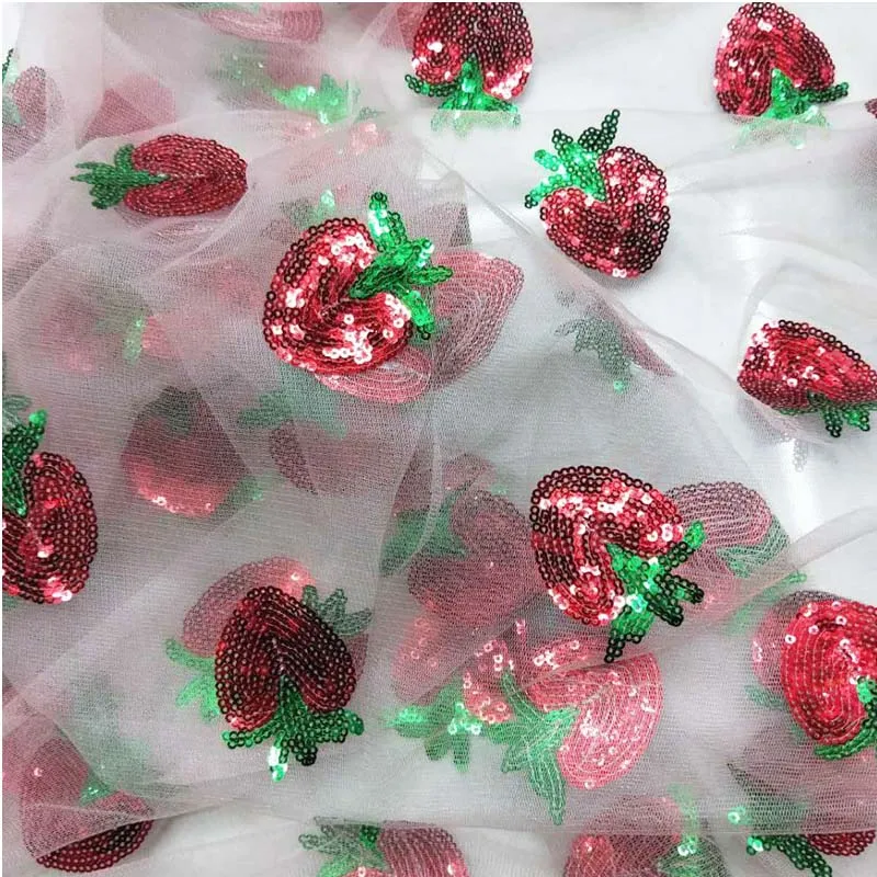 Мягкие полупрозрачные блестки сетчатая ткань с вышивкой клубники для свадебного