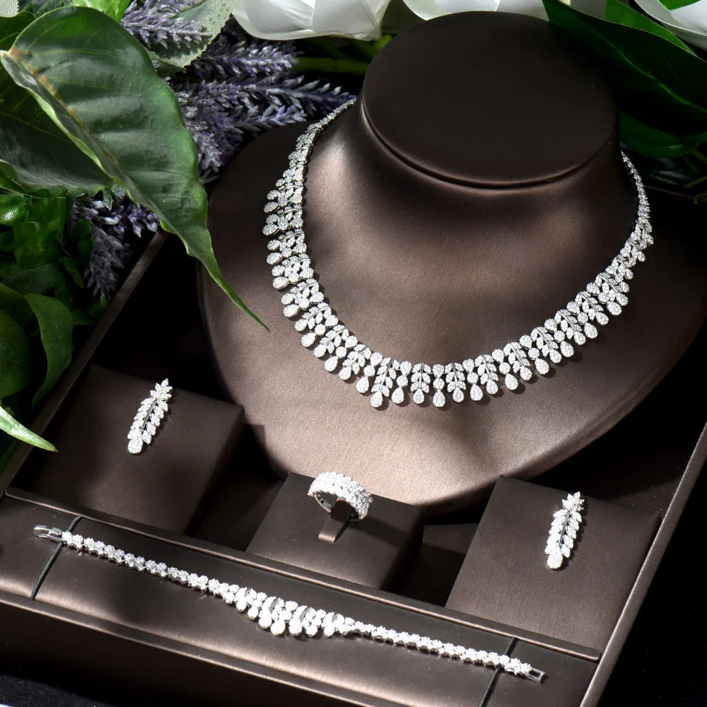 HIBRIDE простой дизайн в форме листа полный фианит серьги браслет кольцо ожерелье наборы для женщин Свадебные ювелирные изделия N-1116