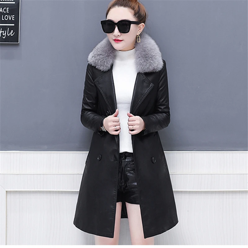 Женская длинная куртка с меховым воротником теплая кожаная длинным рукавом и