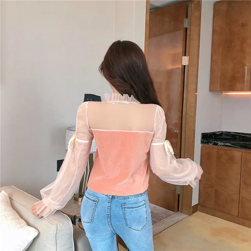 

Autumn Style Blusas Mujer De Moda Sweet Crop Top Mesh Long Sleeve Shirts Woman V-neck Perspective Tops Fashion Brand Blouses