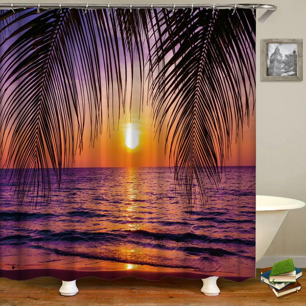 

Waterproof Bath Curtain Beach Ocean landscape Shower Curtains With 12 Hooks Bathroom Curtain Polyester Cloth Shower Curtain