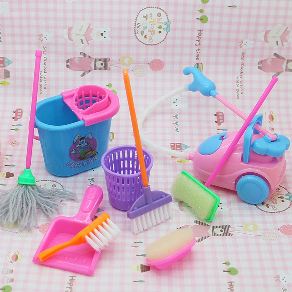 

9Pcs Mini Pretend Play Mop Broom Toys Cute Kids Cleaning Furniture Tools Kit Lovely Doll House Clean Toys