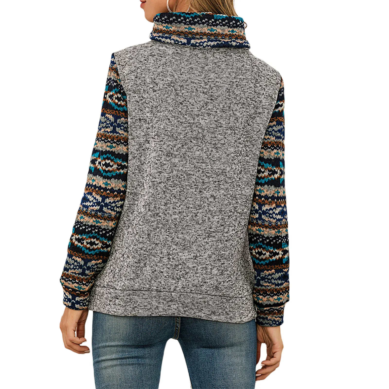 Women Retro Floral Tops High Neck Long Sleeve Lace Up Front Pocket Vintage Pullover Warm Sweatshirts