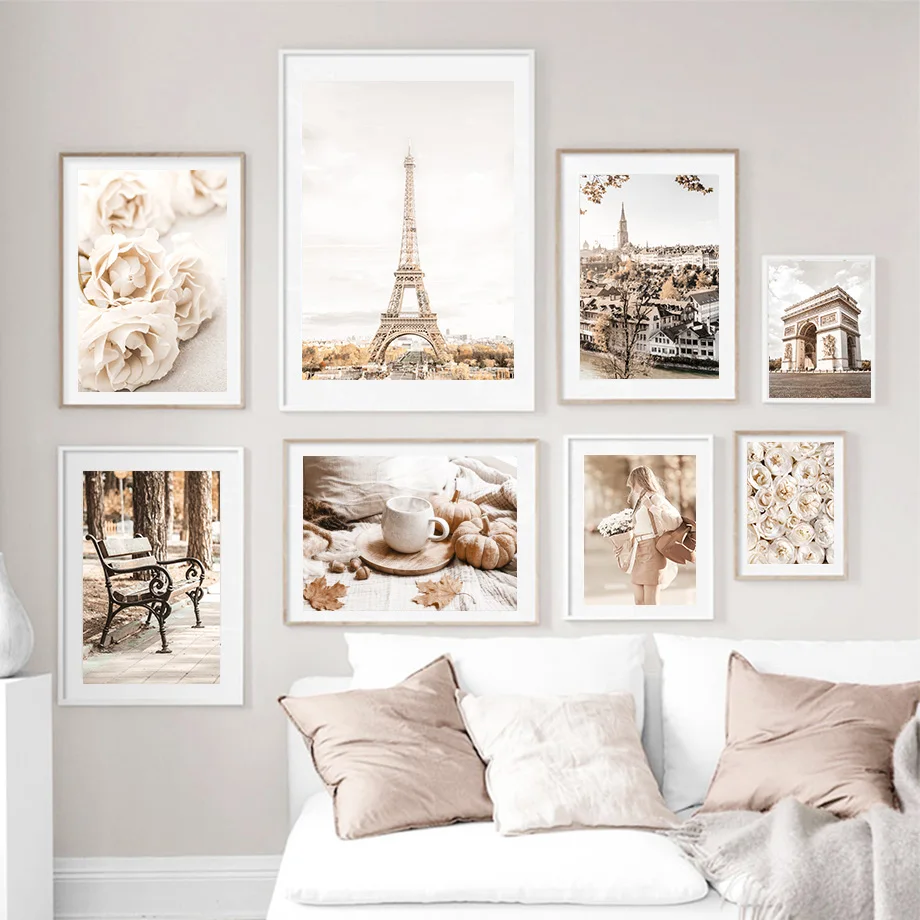 

Paris Tower Bridge Girl Flower Pumpkin Leaf Autumn Poster And Prints Wall Art Canvas Painting Wall Picture For Living Room Decor