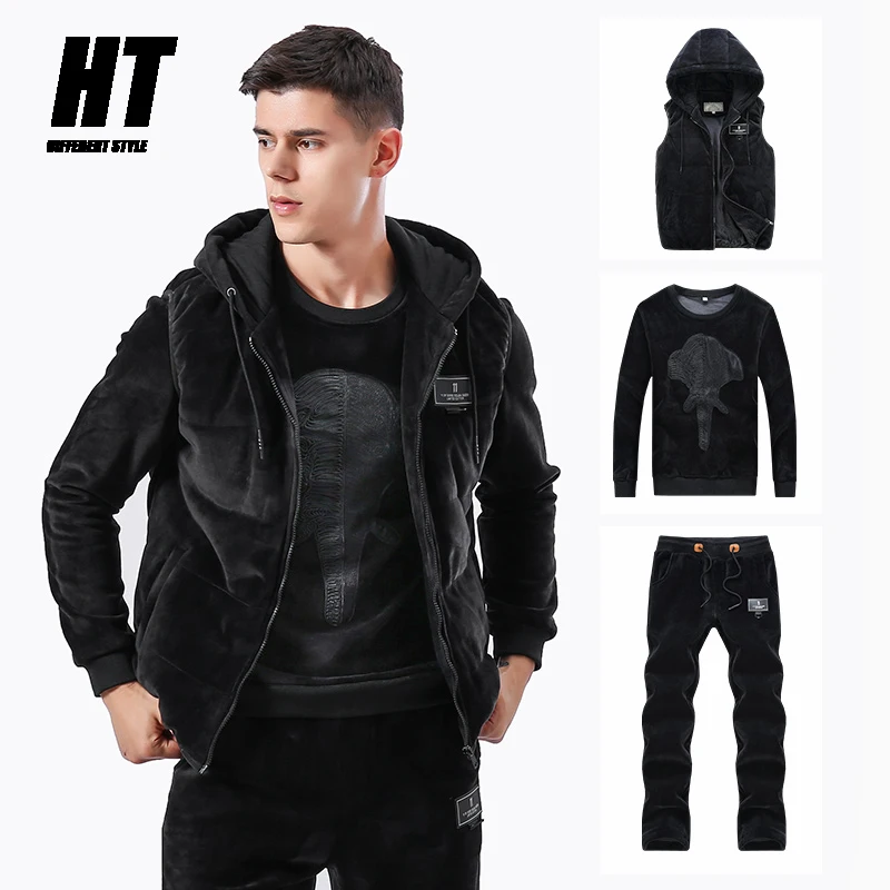 Мужской теплый спортивный костюм со слоном зимний жилет с капюшоном из 3