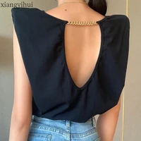 black casual shoulder padded backless metal chain t shirt loose women female t shirt summer fashion round neck sleeveless top
