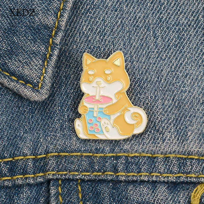

XEDZ Fashionable yellow dog and pearl milk tea Coton cute animal pet badge denim clothes pendant jewelry gift