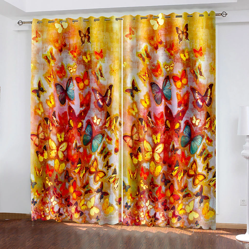 

Home Decoration Grommet curtains Flower Butterfly Living Room Bedroom Black Silk Cloth Folio Curtains Shading