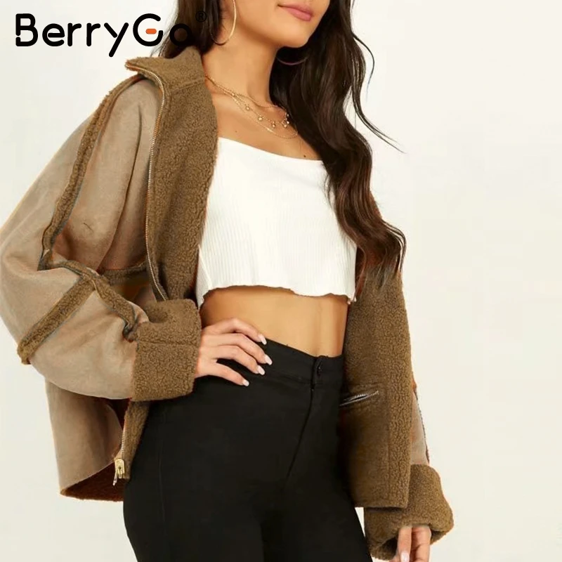 BerryGo овечья шерсть замша двухстороннее пальто женские повседневные молнии