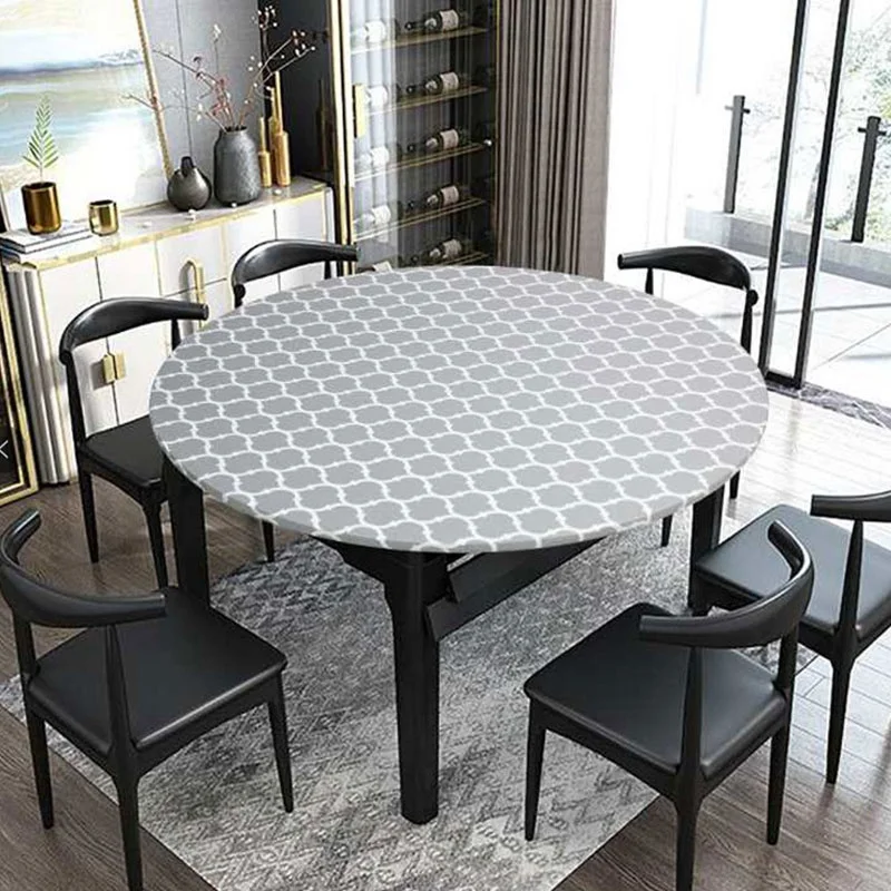 1PC Home PVC Waterproof Round Fitted Tablecloth Dust-Proof Stain-Resistant Plastic Fitted Table Cover for Indoor Dining Room