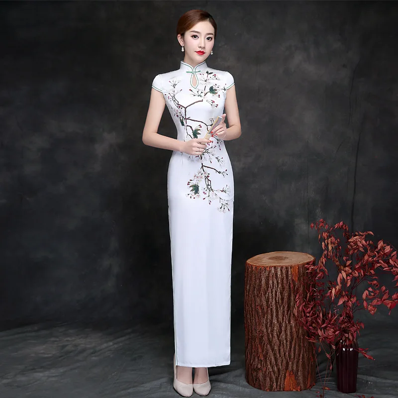 

Long White Lady Satin Cheongsam Sexy Print flower Chinese Traditional Dress Plus Size 3XL 4XL 5XL Summer Party Vestidos Gown