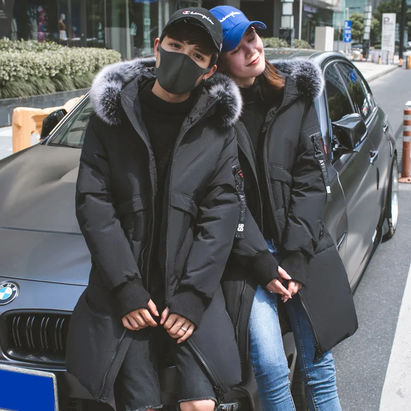 Couple Down Jacket Male Long Winter Loose Thickened White Duck Coat Men and Women's Detachable Fox Fur Collar | Мужская одежда