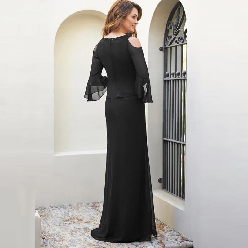 Latest Charming Black Chiffon Three Quarter Sleeves Mother of the Bride Dresses Deep V Neck Wedding Party Gowns Side Split | Свадьбы и