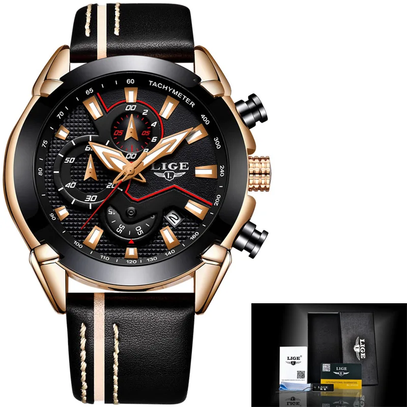 Rose gold black LIGE новые мужские s часы Топ Роскошные Кварцевые часы синие повседневные кожаные военные часы мужские водонепроницаемые спортивные часы Relogio Masculino - Цвет: Rose gold black