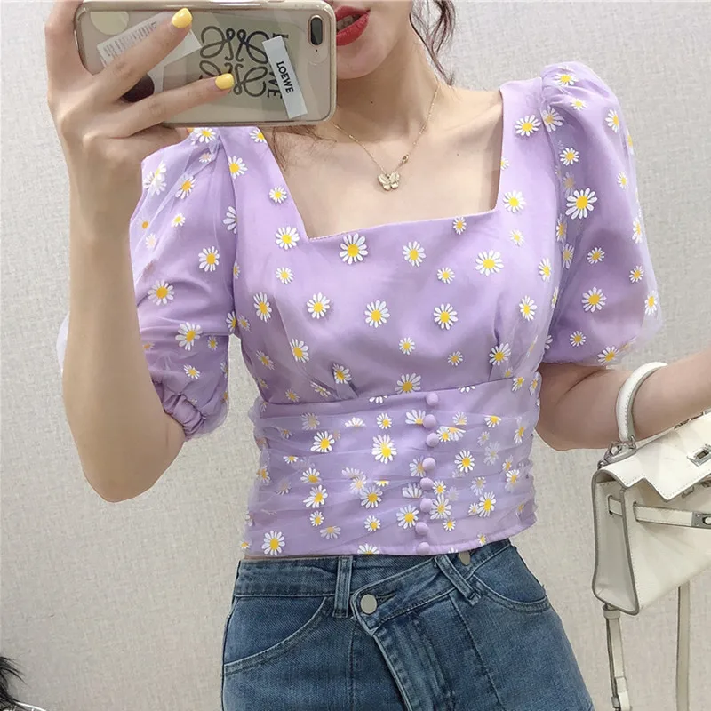 Женская блузка с цветочной вышивкой фиолетовая сетчатая пышными рукавами на