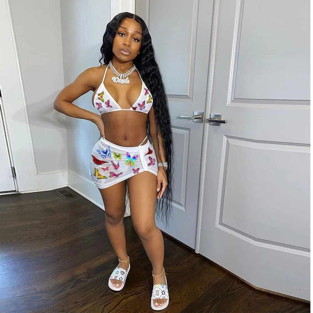 

Sexy Floral Butterfly Leopard 3 Piece Bikini Set Summer Clothes for Women Halter Neck Backless Bra Top+short+bandage Mini Skirt