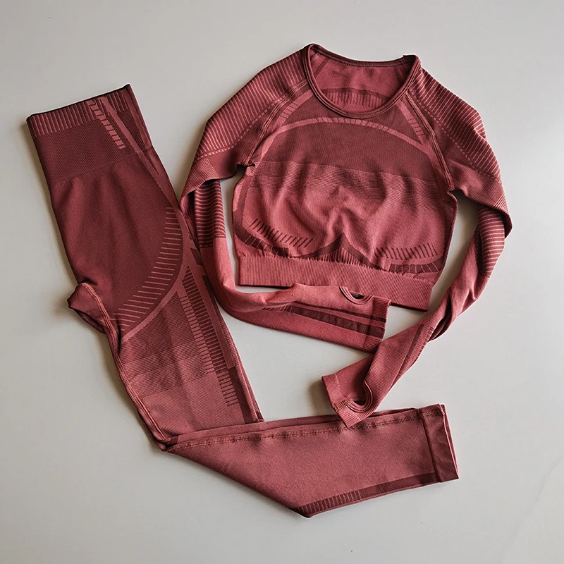 

New 2 Piece Seamless Yoga Suit Women Gym Clothing Sports Shirts Long Sleeve Fitness Leggings Pants Women Sportswear Workout Set
