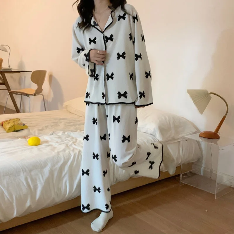 QWEEK Women's Home Clothes Pajama Sets Striped Cartoon Print Loose Pyjamas Home Wear Summer Pijama Lounge Wear Sleepwear Silk