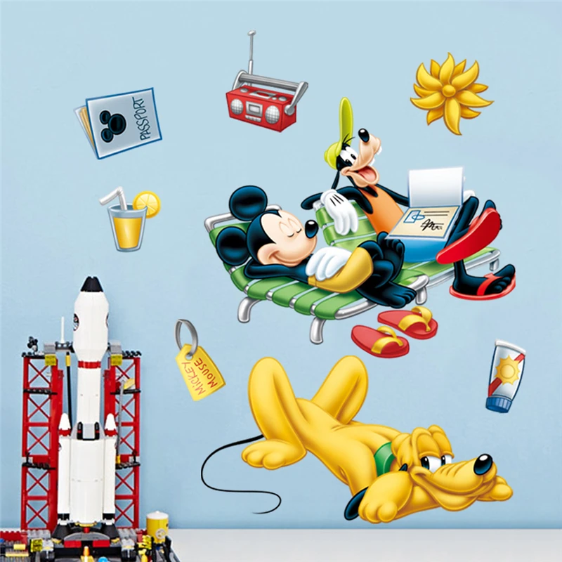 

Disney Mickey Goofy Pluto Vacation Wall Decals Bedroom Home Decor Cartoon 40*60cm Wall Stickers Pvc Mural Art Diy Posters